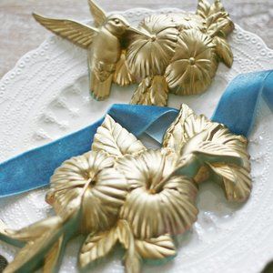 Vintage Burwood Products gold hummingbird wall plaques wall hangings SET of TWO